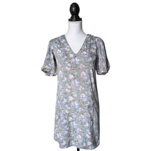 Anna Cate Blue Floral Print V Neck Puff Sleeve Dress Size XS Sheen Vines